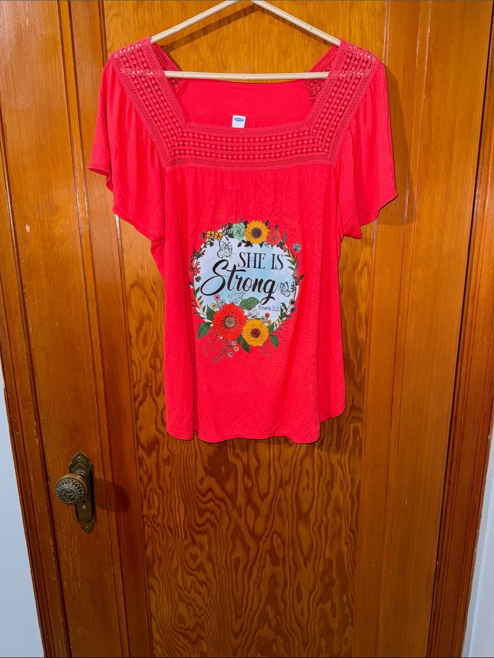 Old Navy Red Short Sleeve Top with Floral 'She Is Strong' Graphic
